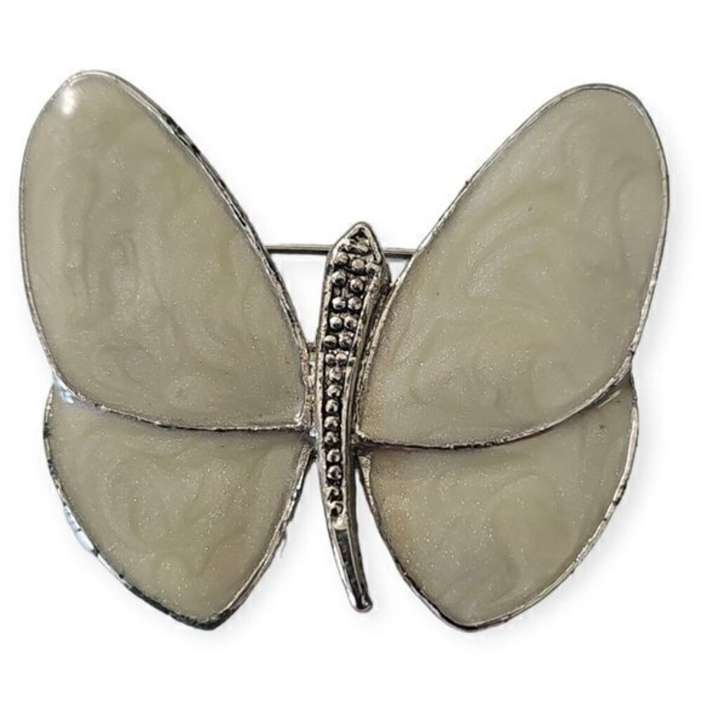 Vintage Pearl White Enamel Butterfly‎ Brooch Pin Unbranded